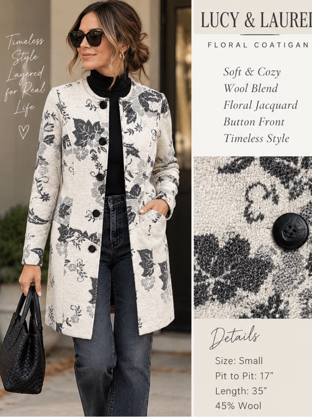 Lucy & Laurel Floral Jacquard Coatigan – Size S